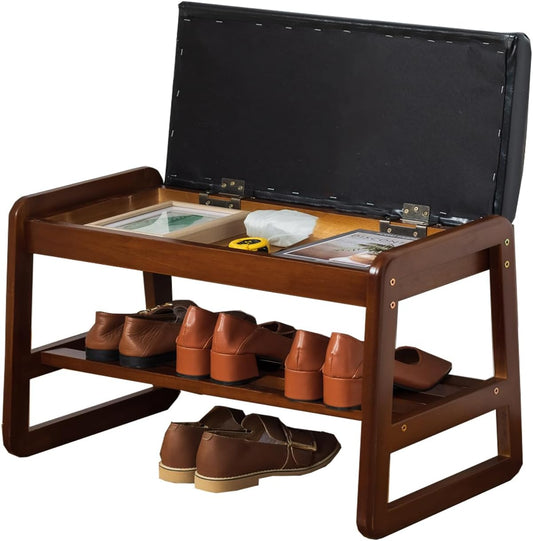 latifolia Solid Wood Bench, Entryway Shoe Bench with Cushion, Flip-Open Storage Compartment, 2-Tier Shoe Organizer(Black,21.65''L)