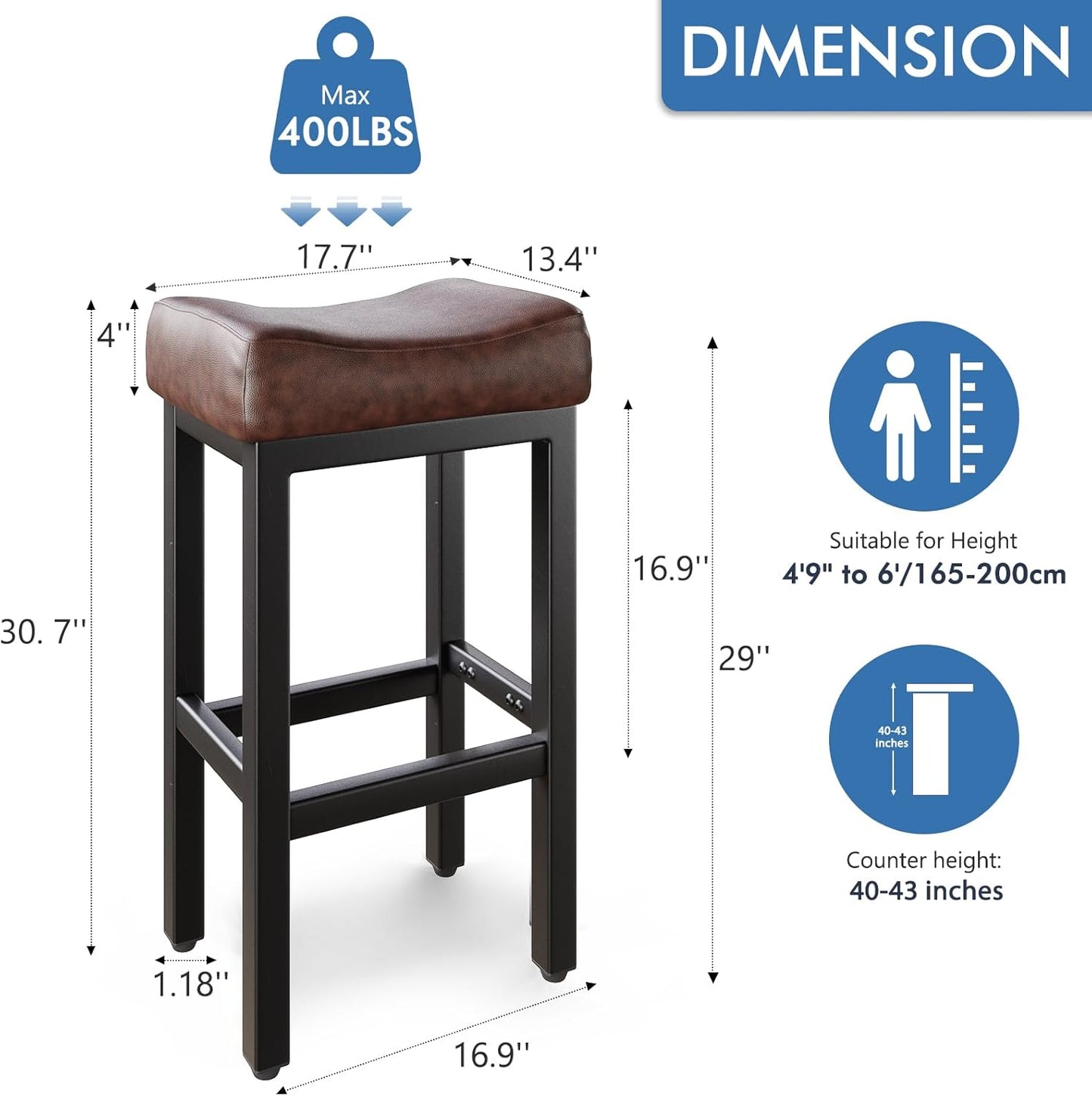 29 Inch Bar Height Bar Stools Set of 2, 29" Barstools for Kitchen Island Counter, Backless Bonded Leather Bar Height Stools with Thick Saddle Seats & Heavy Duty Metal Base, Easy Assembly, Brown/Black