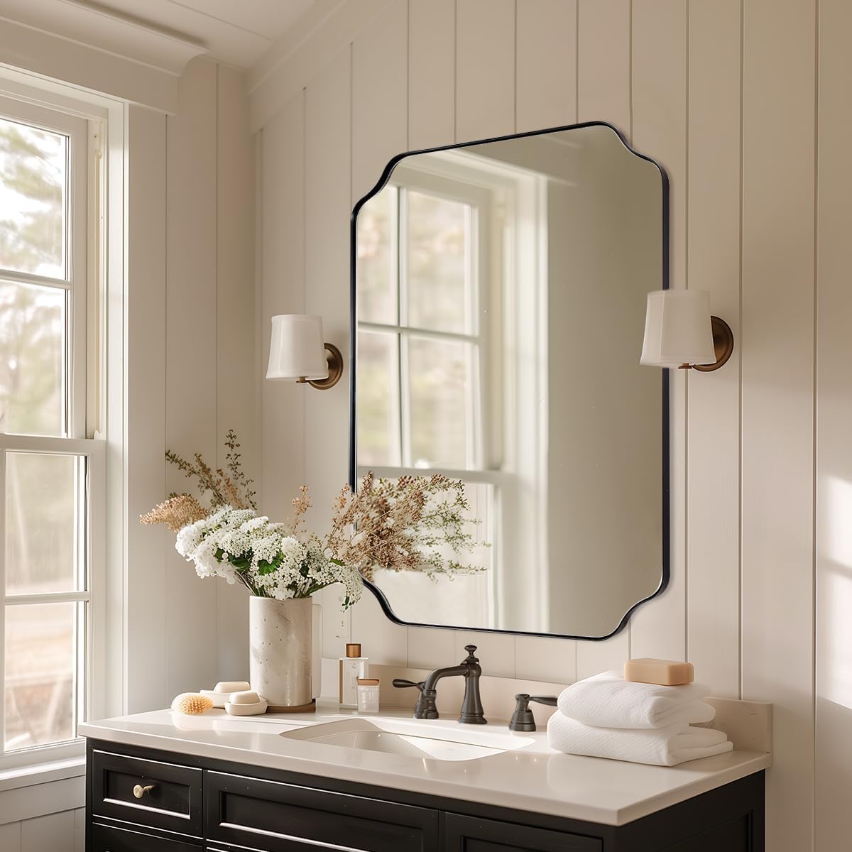 ANDY STAR Black Bathroom Mirror, 22x30 Inch Asymmetrical Mirror, Irregular Wall Mirror in Stainless Steel Metal Frame, Modern Scalloped Mirrors Ideal for Bathroom, Bedroom (Horizontal/Vertical)