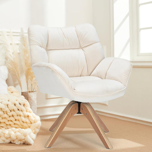 Mid Century Accent Chair, Fabric Desk Chair, Modern Cozy Vanity Chair no Wheelwith Wood Legs, Upholstered Single Boucle Armchair for Living Room Bedroom Office Guest Room Dining Room (Beige)