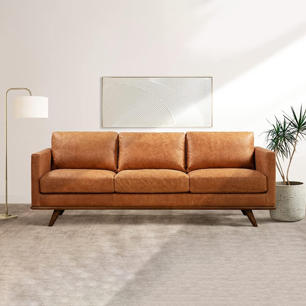 Poly & Bark Nolita Leather Couch - 85-Inch Sofa - Full-Grain Leather Sofa for Living Room with Feather-Down Topper - Living Room Couch - Pure-Aniline Vintage Italian Leather in Cognac Tan
