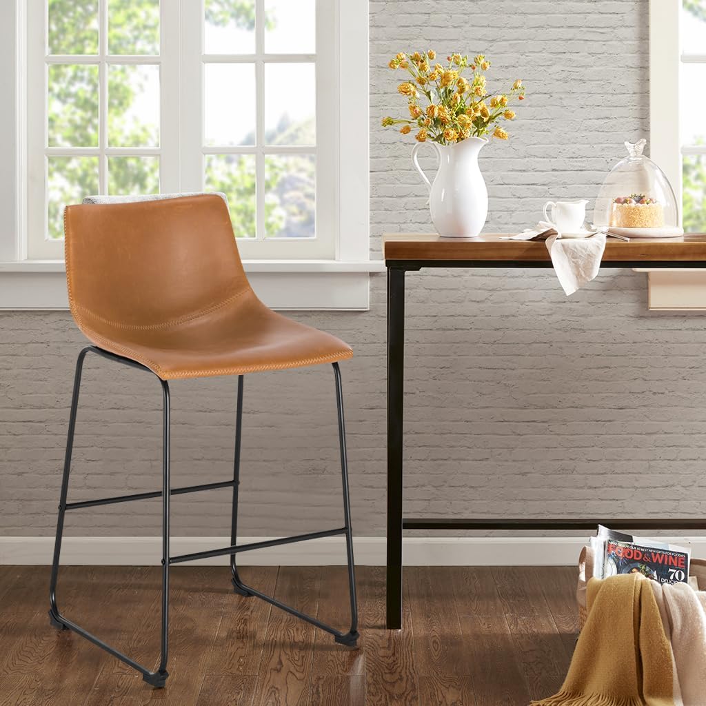 POLY & BARK Bar Stools Set of 3 – 34" Counter Height Chairs with Back, Tan PU Leather Seats with Metal Legs, Modern Industrial Style for Kitchen Island