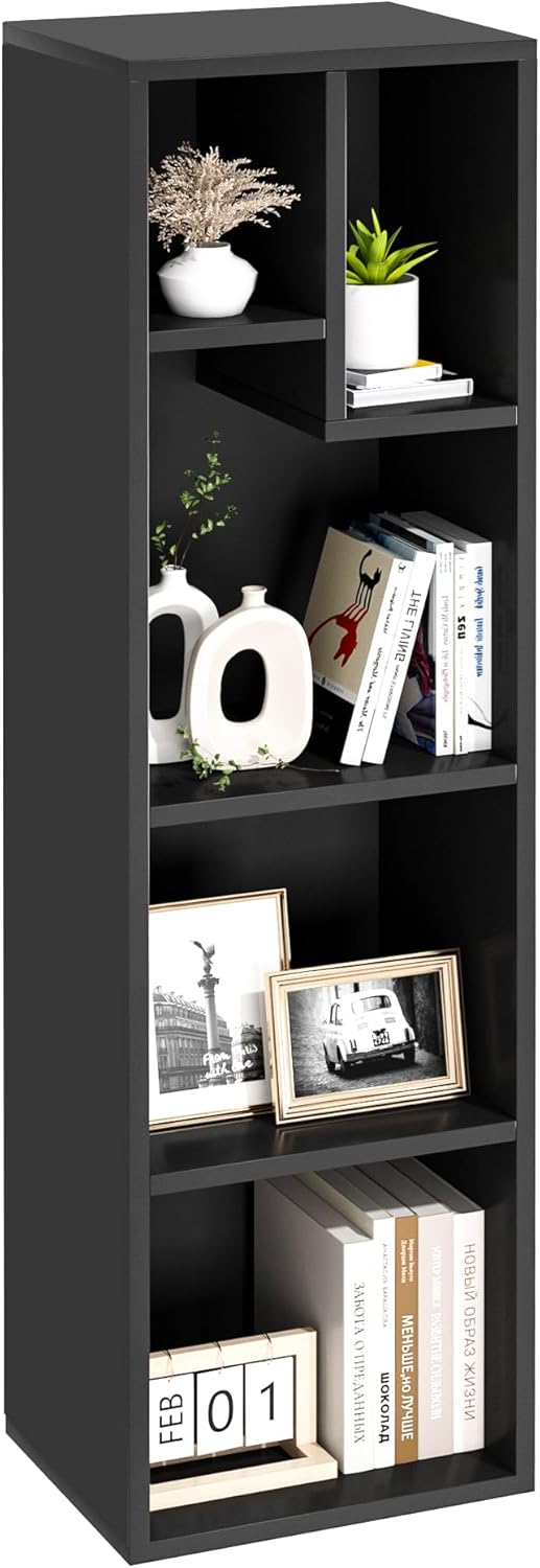 VECELO Small Bookshelf, 5 Cube Slim Bookcase, Fits Tallest Hardcovers, Horizontal Available, Modern Floor Standing Unit, Each Shelf Hold Up to 66 LBS, Matte Black