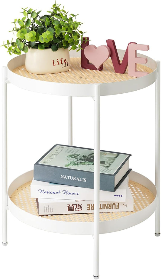 danpinera All Metal Side Table, 2 Tier Anti Rust Small Table with Imitation Rattan Pattern on Removable Trays for Living Room, White Round Nightstand for Bedroom, 20.47 Inch x 16.54 Inch Pearl White