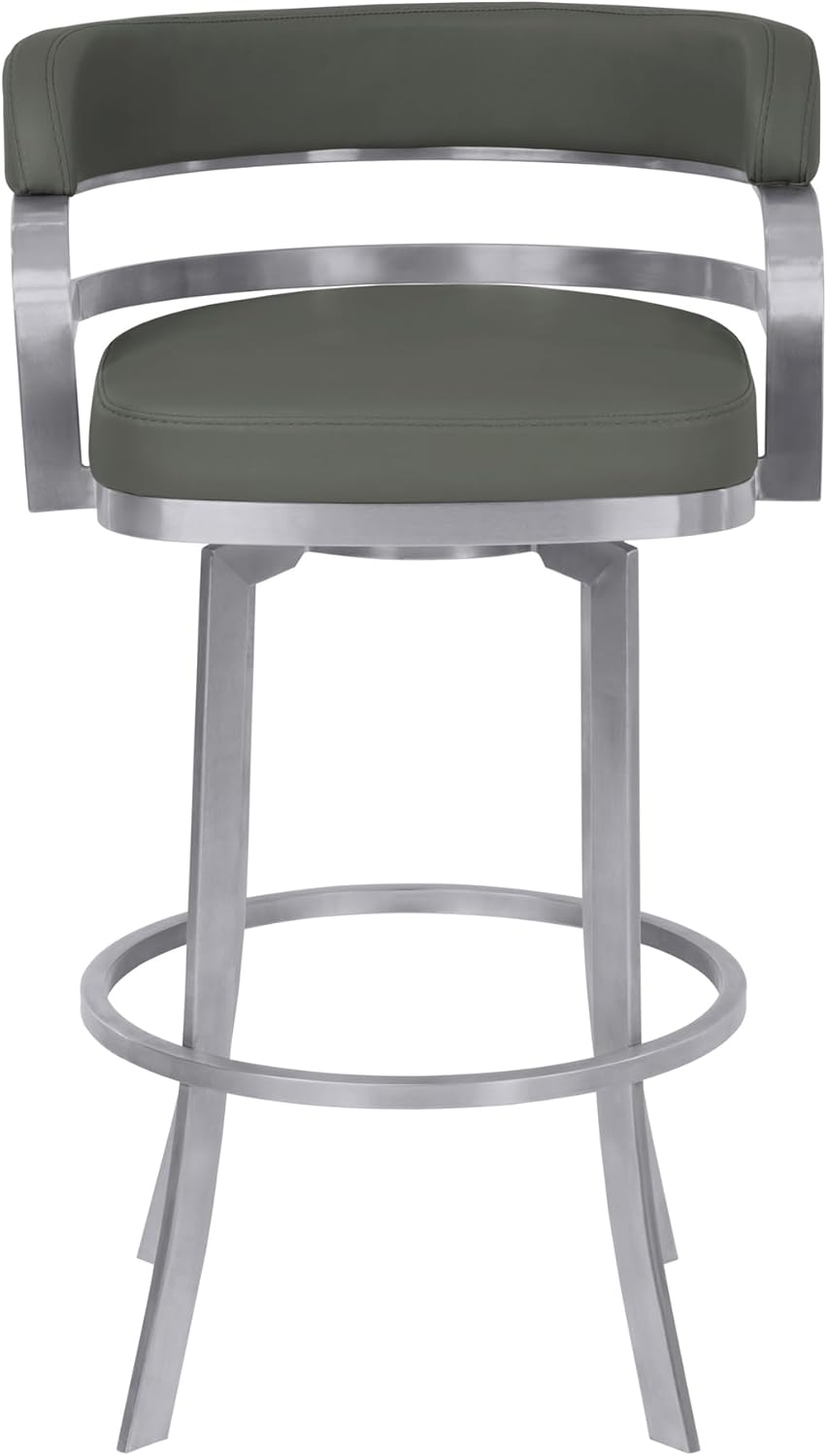 Armen Living Prinz 30" Bar Height Swivel Barstool in Grey Faux Leather and Brushed Stainless Steel Finish