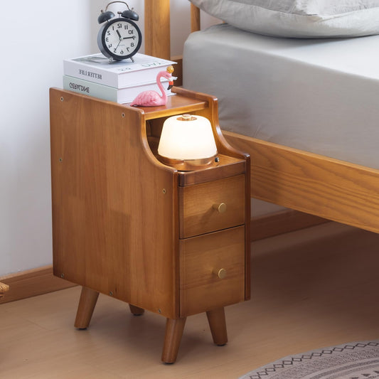 Small Nightstand, Narrow Nightstand, Solid Slim Wood Night Stand for Small Spaces, Couch, Walnut Color 7.87in Wide