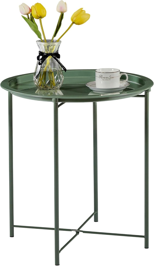 VECELO Side/End Table, Folding Round Metal Anti-Rust and Waterproof Outdoor or Indoor Tray for Living Room Bedroom Balcony and Office, 1 PCS, Dark Green