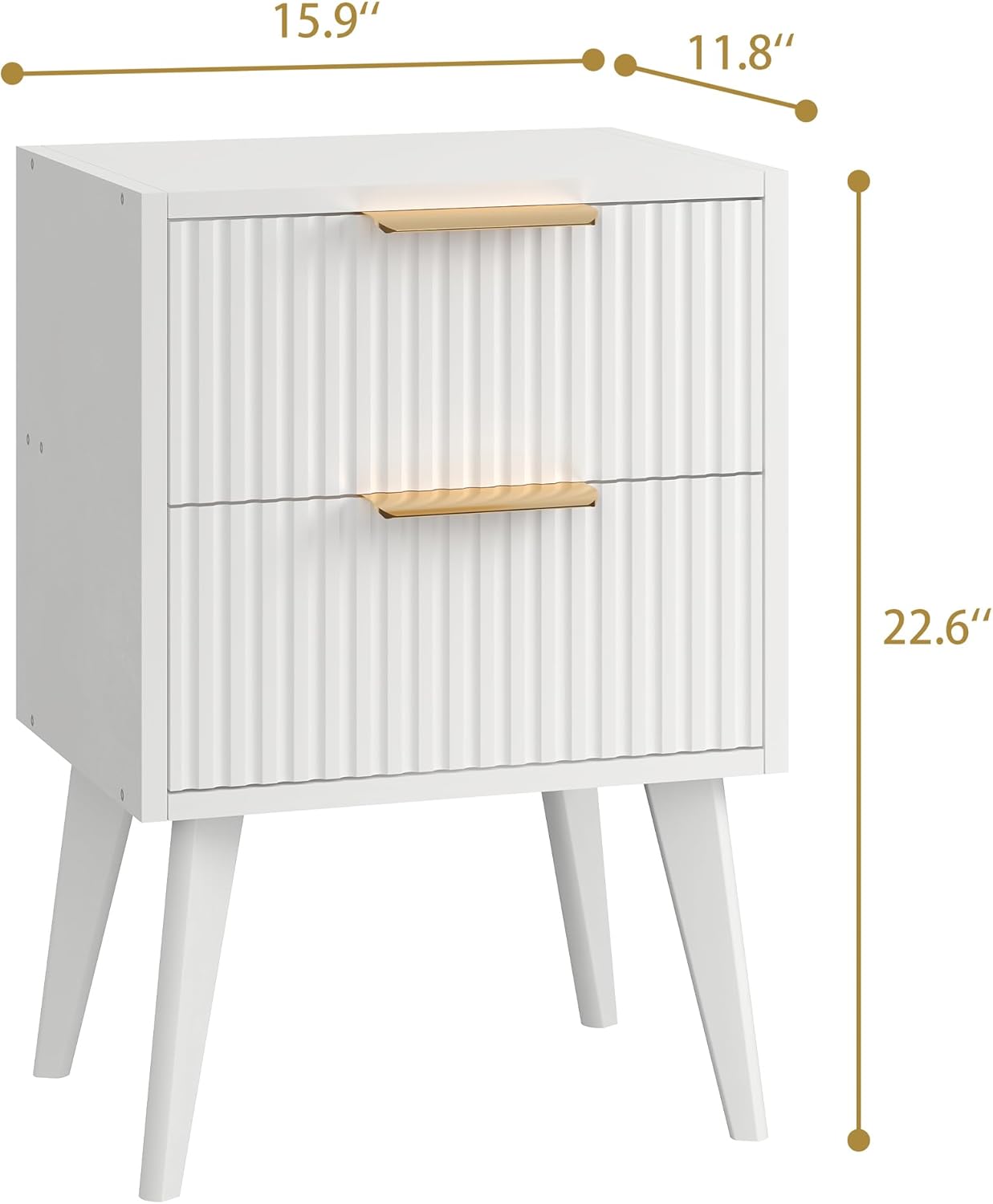Fluted Nightstand with 2 Drawers,Modern Bedside Table with Metal Handles,White Side Table with Solid Wood Legs,Mid Century End Table for Living Room,Bedroom,White CTG55W