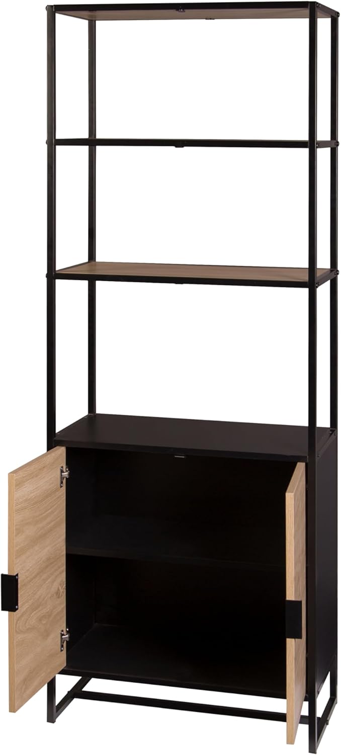AC Pacific Bali Coastal Modern 6 Tier Bookshelf with Storage, Features Sleek Black Frame and Natural Wood Accents, Versatile Book Shelf and Display Solution for Bedroom and Living Room, 67" High