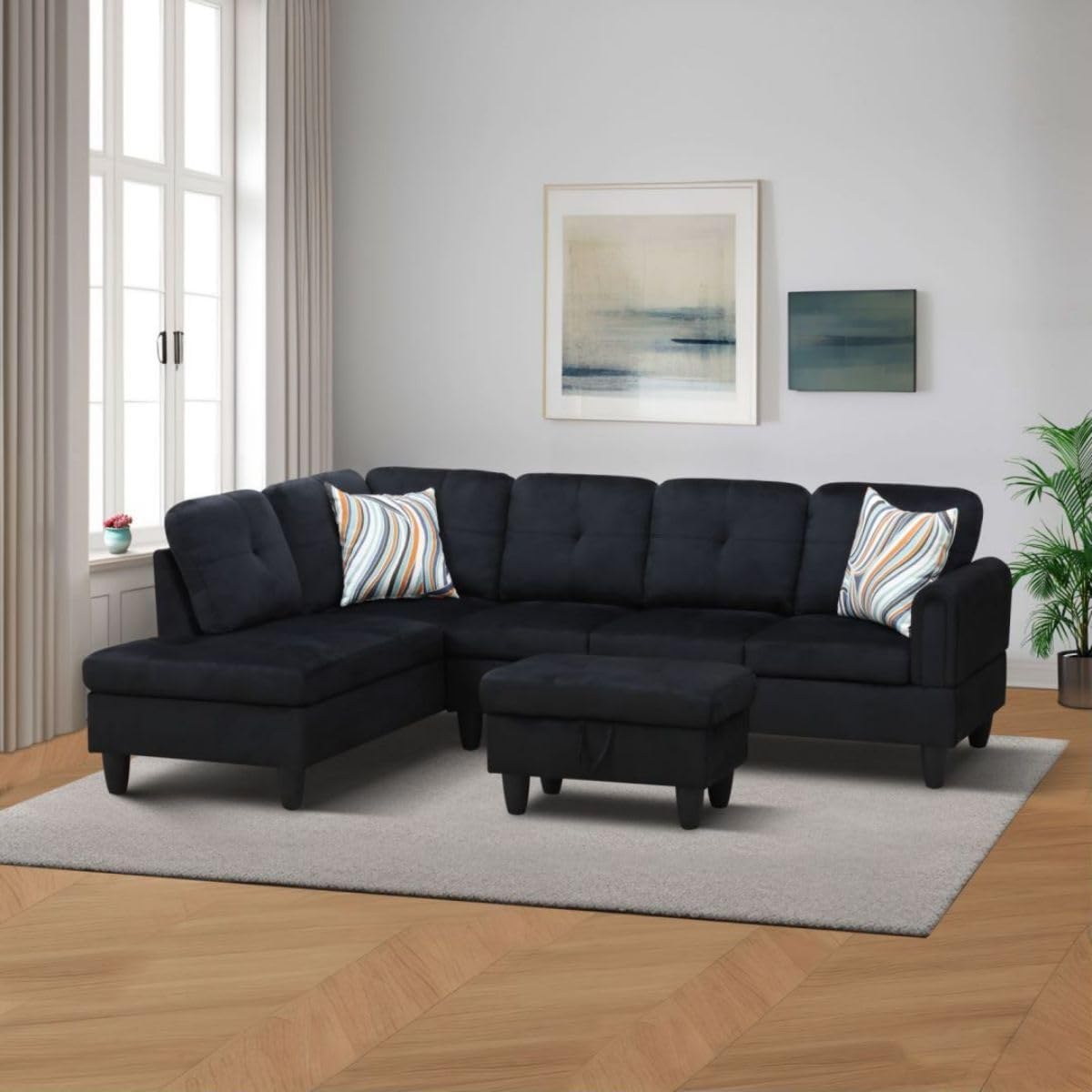 Black L-Shaped 3-Piece Flannel Sofa with Storage Ottoman Set, Sectional Couch Sofa Set for Living Room, Office, Small Space