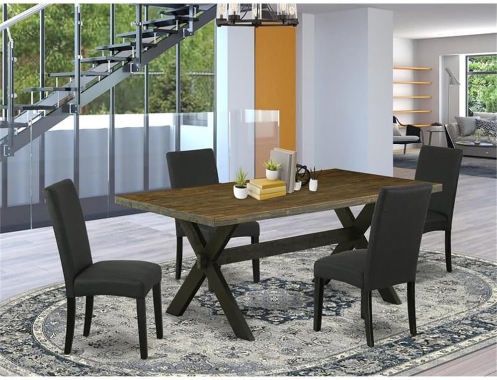 East West Furniture X677DR124-5 5 Piece Dining Room Table Set Includes a Rectangle Dining Table with X-Legs and 4 Black Color Linen Fabric Upholstered Chairs, 40x72 Inch, Multi-Color