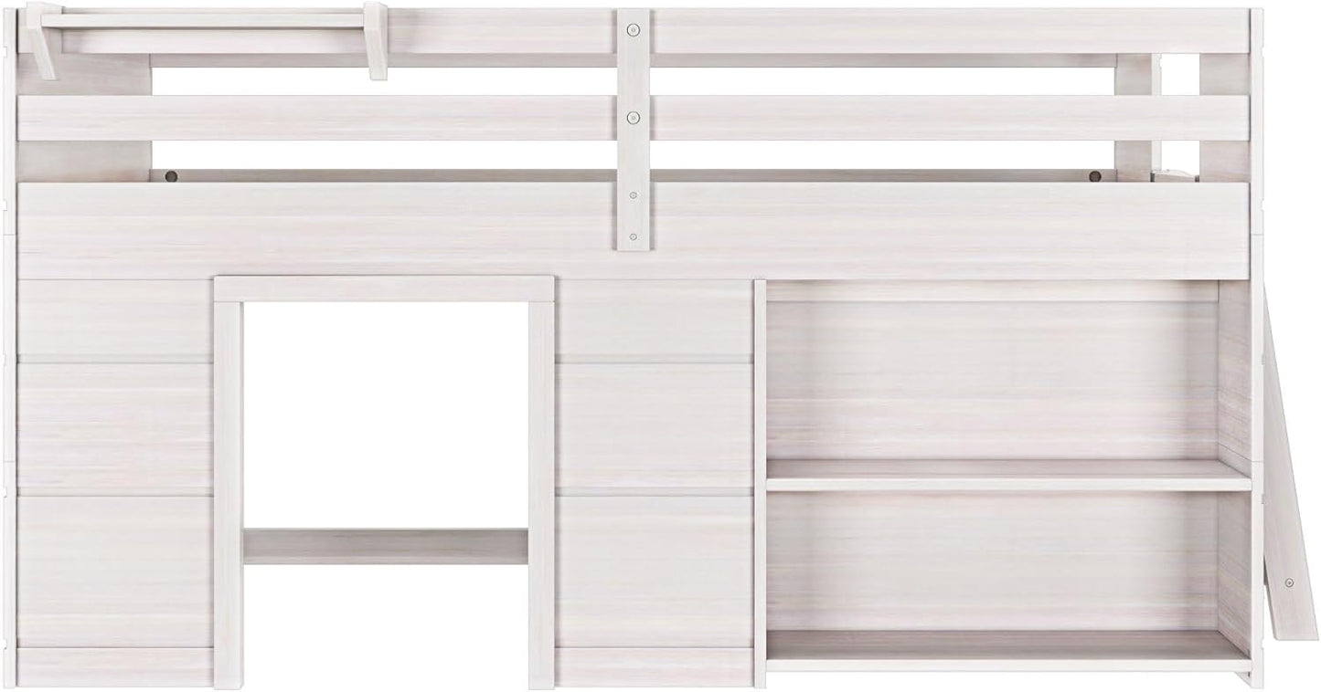 Max & Lily Modern Farmhouse Twin Low Loft Bed with Bookcase - Solid Wood, 15” Guardrails, 400-lb Capacity, Low-VOC Finish, White Wash