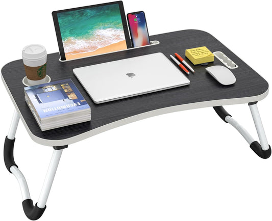BUYIFY Folding Lap Desk, 23 Inch Portable Wood Black Laptop Bed Desk Lap Desk with Cup Holder, for Working Reading Writing, Eating, Watching Movies for Bed Sofa Couch Floor