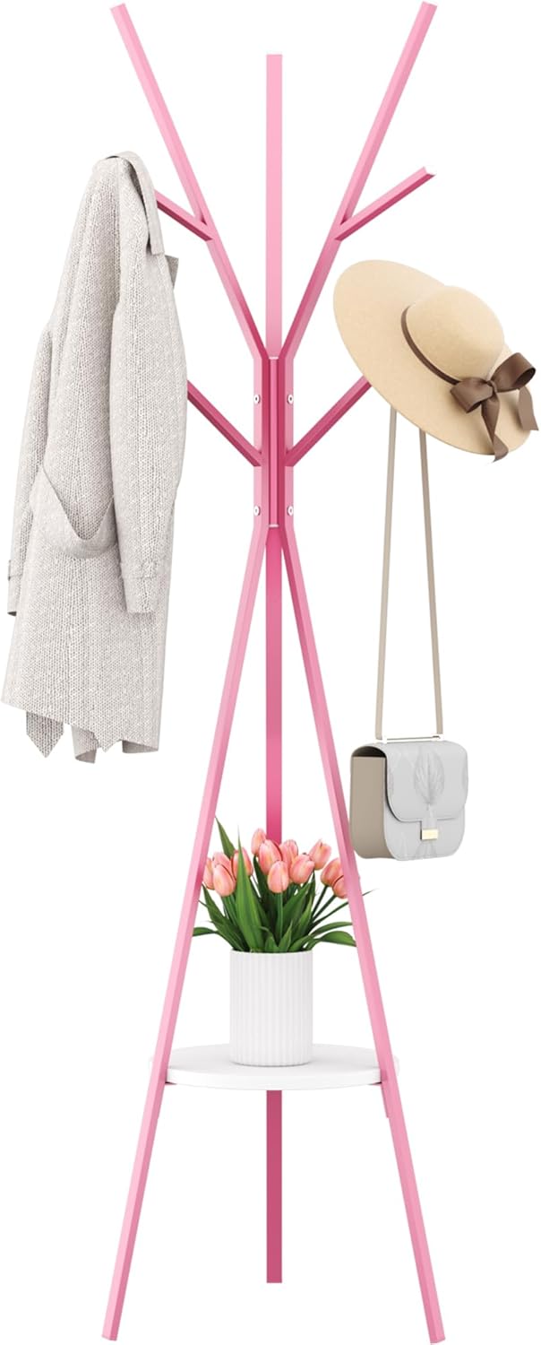 Coat Rack Hat Stand Free Standing Display Hall Tree Metal Hat Hanger Garment Storage Holder with 9 Hooks for Clothes Hats and Scarves (Pink)