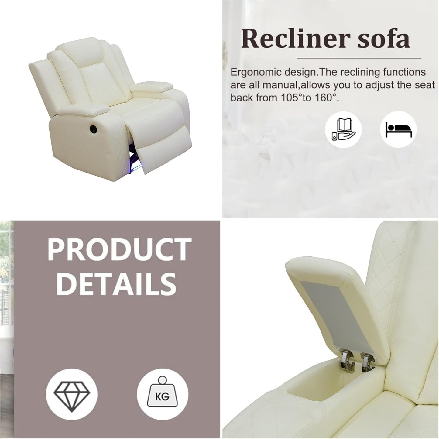 Oversized Power Recliner Chair, Multifunction Recliners Chair with Home Theater Seating, Oversized Single Electric Recliner Furniture for Living Room Apartment Home Theater, Deep White