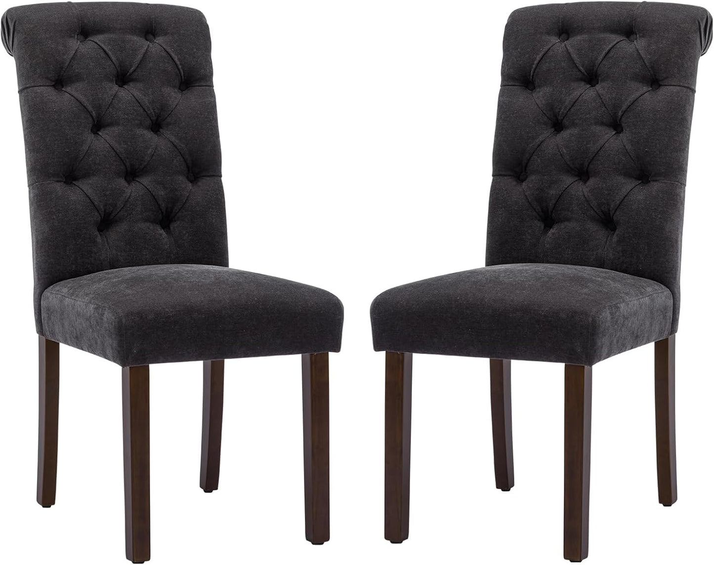 COLAMY Button Tufted Dining Chairs Set of 2, Parsons Upholstered Fabric Dining Room Chairs Kitchen Chairs with Wood Legs and Padded Seat, Black