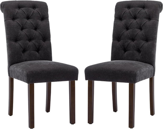 COLAMY Button Tufted Dining Chairs Set of 2, Parsons Upholstered Fabric Dining Room Chairs Kitchen Chairs with Wood Legs and Padded Seat, Black