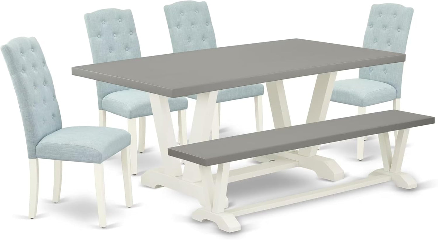 East West Furniture V097CE215-6 6 Piece Dining Set Contains a Rectangle Dining Room Table with V-Legs and 4 Baby Blue Linen Fabric Upholstered Chairs with a Bench, 40x72 Inch, Multi-Color