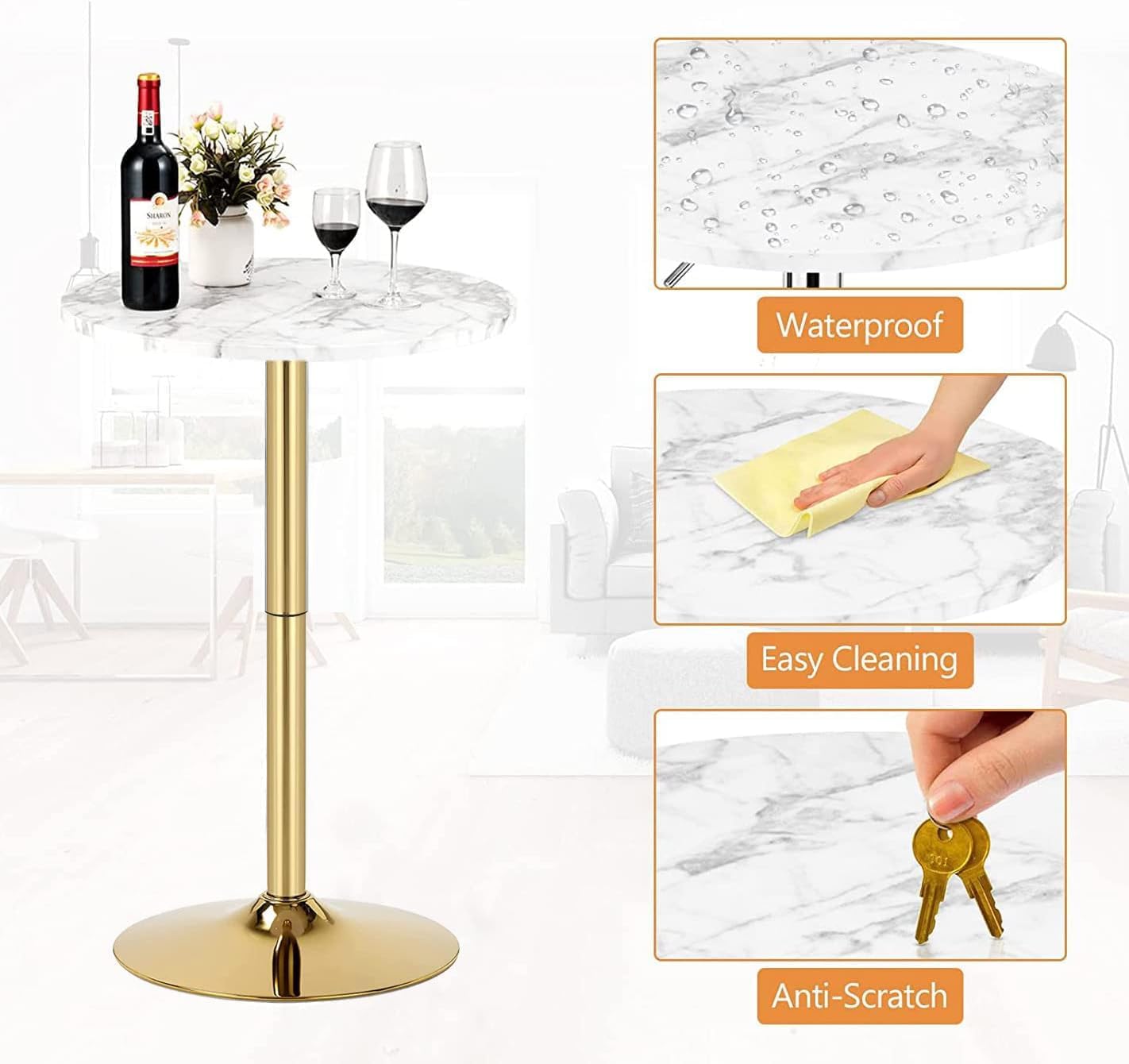 24'' Gold Bar Table Round Cocktail Table 39.1" Height Kitchen Dining Tables Modern Pub Tables with MDF Top, Gold Leg Base for Bar, Bistro, Caffee Top Table Tall