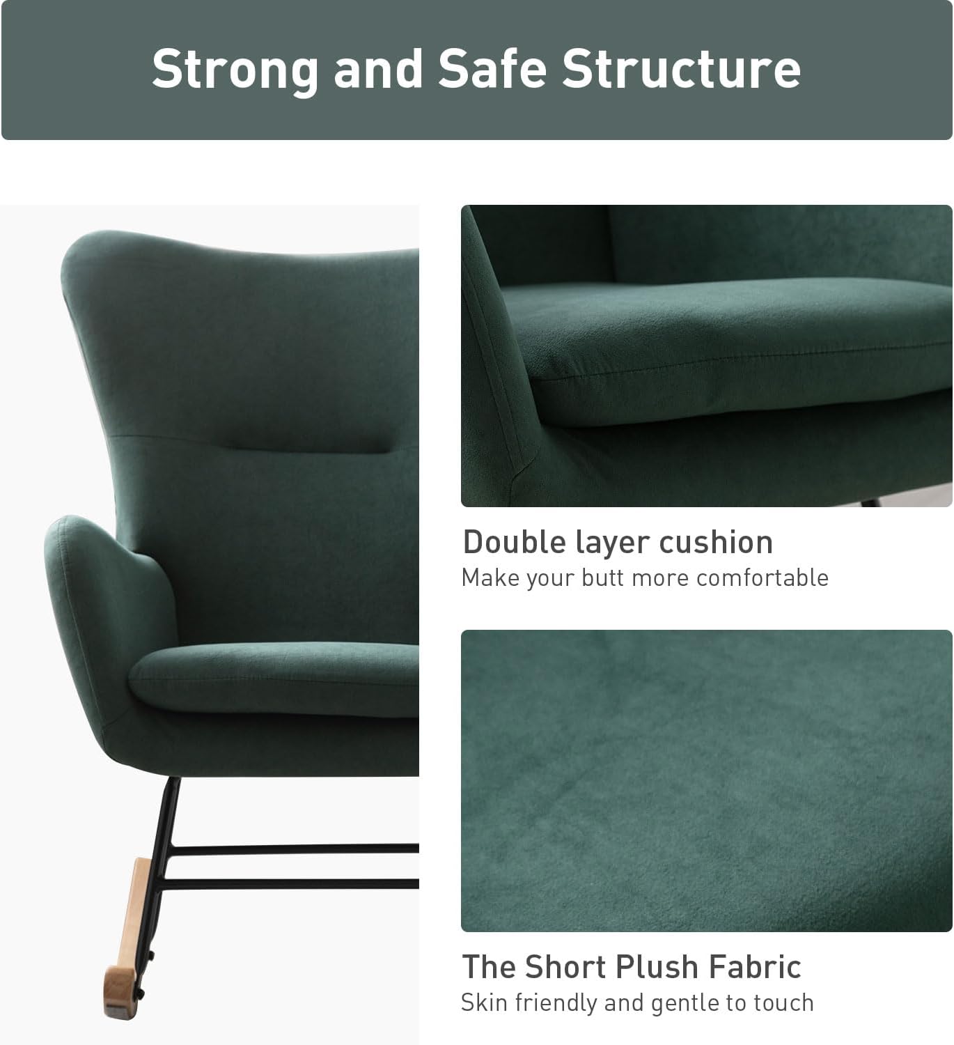 Phoenix Home Rocking Chair Nursery Velvet Upholstered Glider Rocker Rocking Accent Chair Padded Seat with High Backrest Armchair Comfy Side Chair for Living Room Bedroom Offices, Green