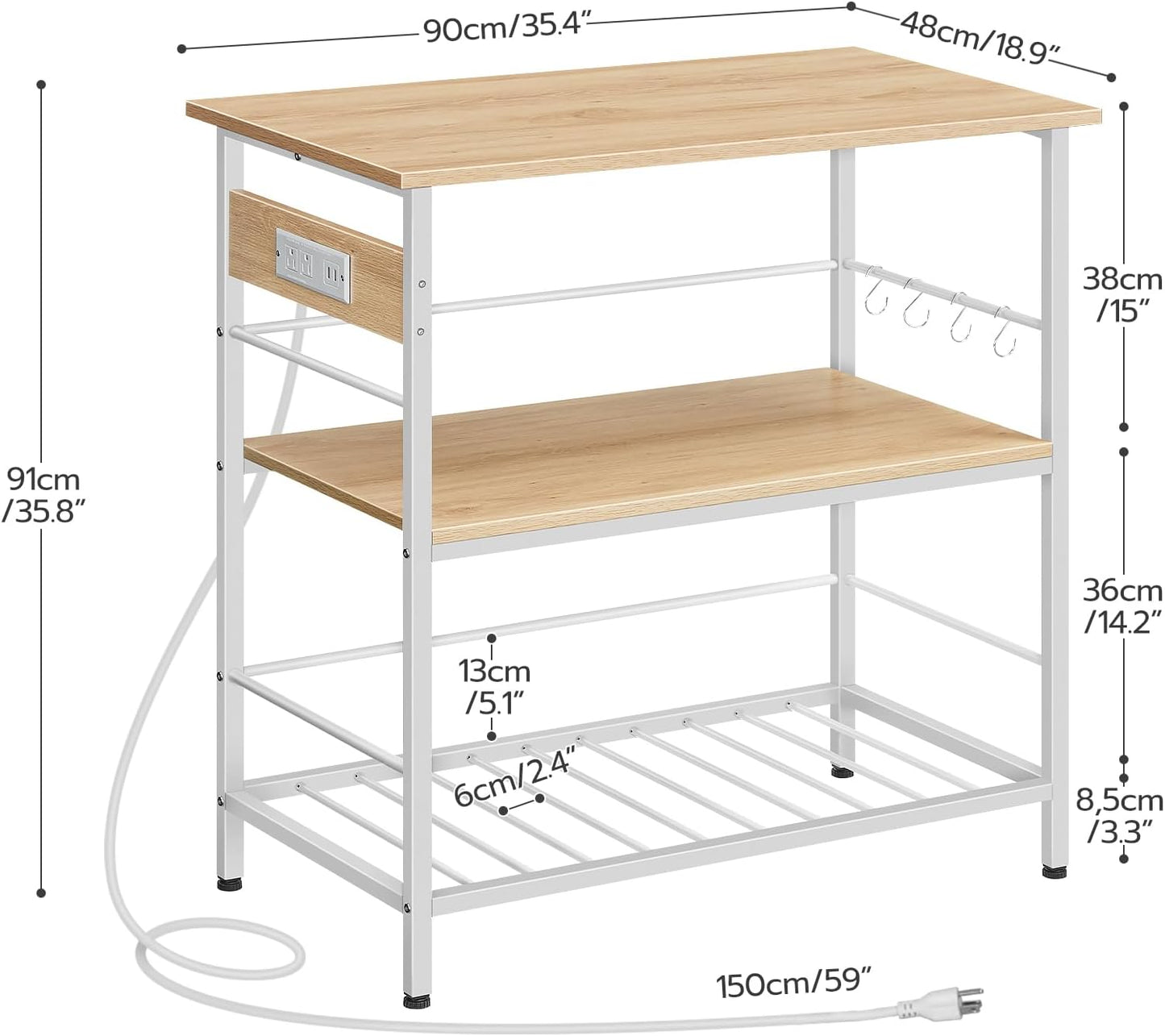 HOOBRO Kitchen Island with Storage, Kitchen Island Table with Power Outlet, 3 Tier Coffee Station and Microwave Stand, for Home, Kitchen and Dining Room, Natural and White WN021ZD01