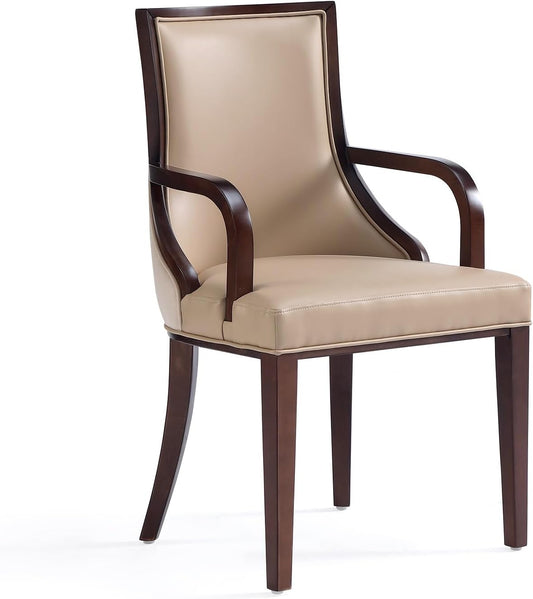 Manhattan Comfort Grand Faux Leather Dining Chair with Arms, Padded Wingback Seat, Fine Rectangular Stitching and Solid Wood Frame, Set of 1, Tan