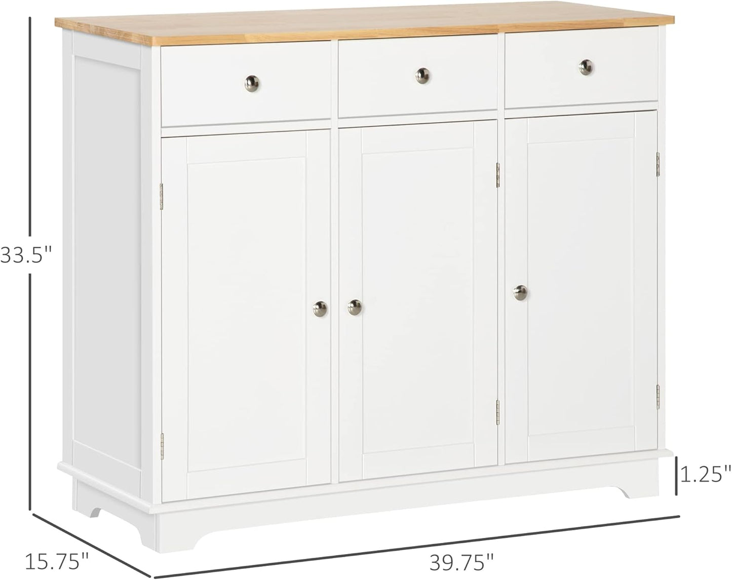 HOMCOM Sideboard with Solid Wood Countertop, Modern Kitchen Storage Cabinet, Coffee Bar Cabinet with 3 Drawers, Doors and Adjustable Shelf, White