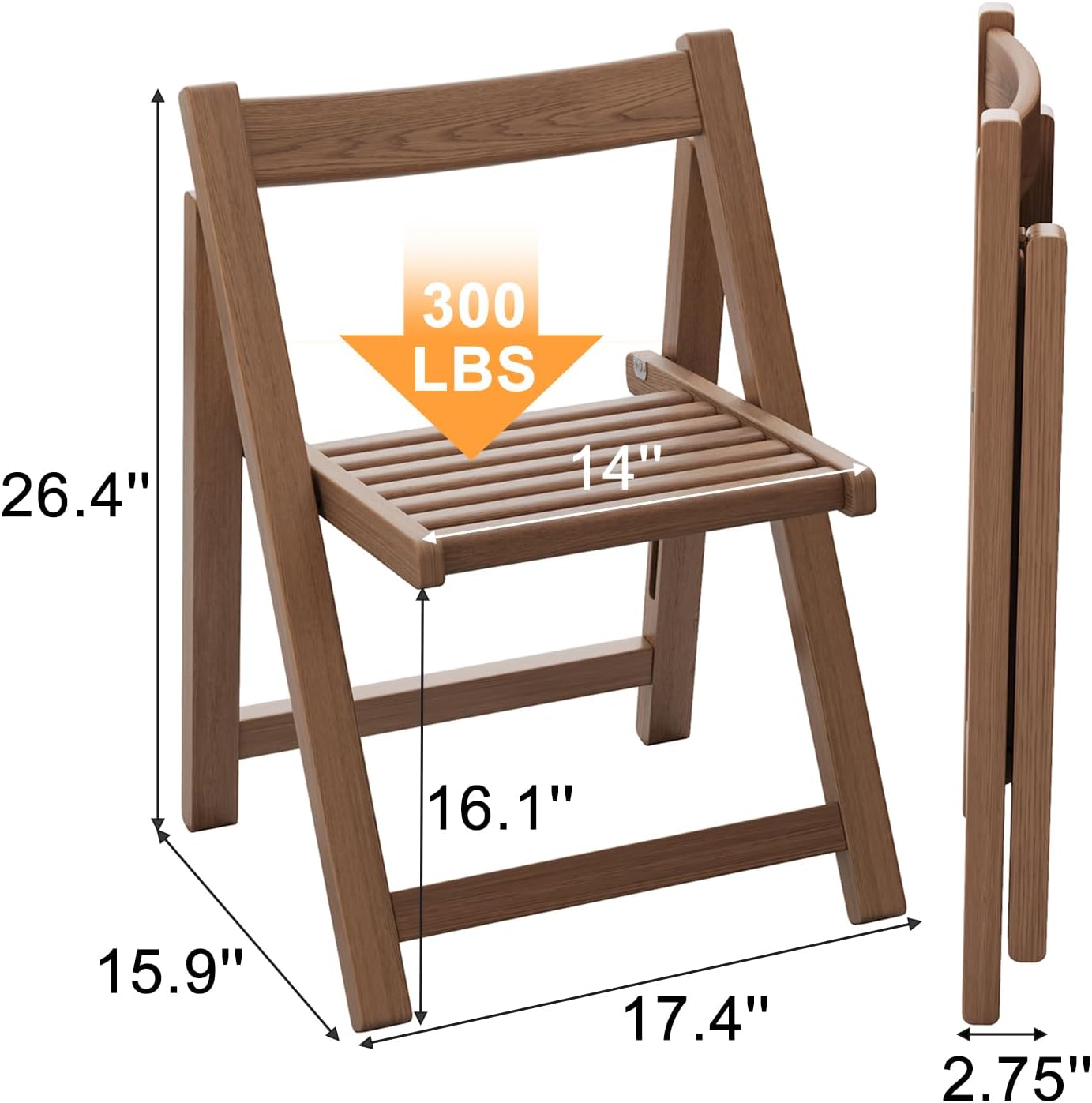 Soild Wood Folding Chairs Set of 2,Indoor or Outdoor Wooden Foldable Dining Chairs, 300lbs Capacity, Space-Saving and Portable Design for Home Kitchen, Lawn, Patio,No Assembly Needed