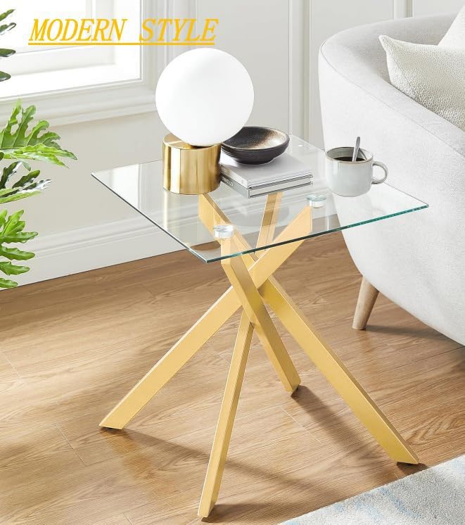 Side Table Set of 2, Modern End Table Set with Tempered Glass Top and Metal Legs for Home Office (Gold)
