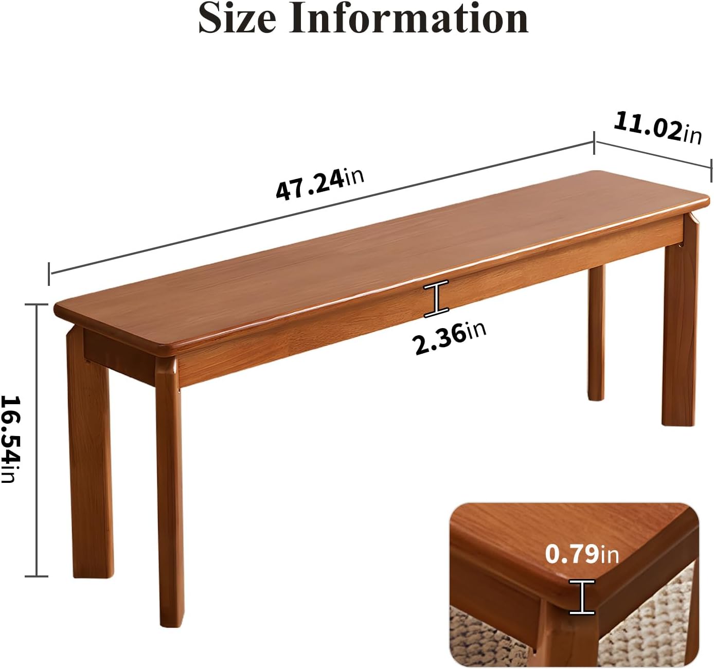 Dining Bench, Solid Wood Bench with Wide Seat, Mid Century Modern Bench, End of The Bed Bench, 47.2" L x 11" W x 16.5" H(Natural)
