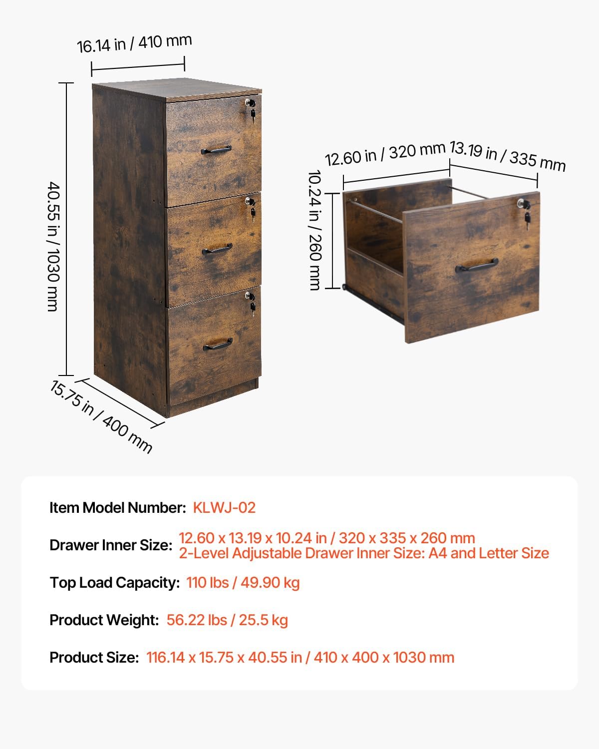 VEVOR 3 Drawer File Cabinet with Lock, Vertical Filing Storage Cabinets for Home Office, Heavy-Duty Locking Cabinet with 2-Level Adjustable Hanging Rod for A4/Letter/Legal Size File, Easy Assembly