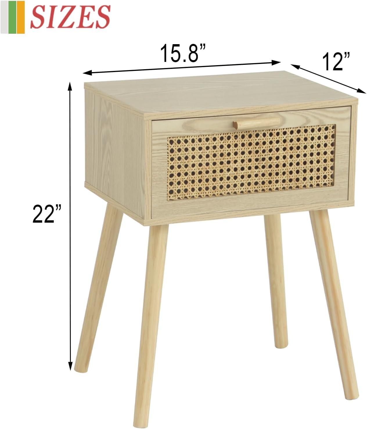 AWASEN Rattan Nightstand, Bedside Table with Rattan Drawer, Wood End Table with Storage and Solid Wood Legs for Bedroom Living Room Small Space (Walnut)