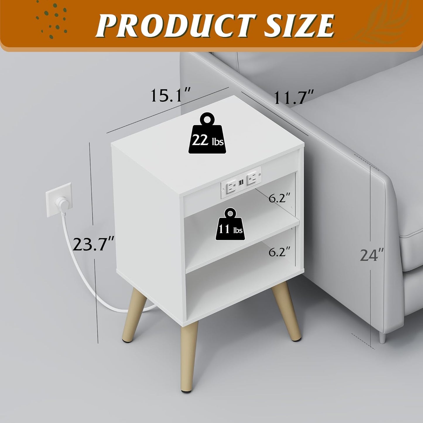 WLIVE White Nightstand, Bedside Tables, Night Stand with Charger Station, Side Table with Storage Shelf, End Table with USB Ports and Outlets for Bedroom, 15.12" D x 11.73" W x 23.74" H