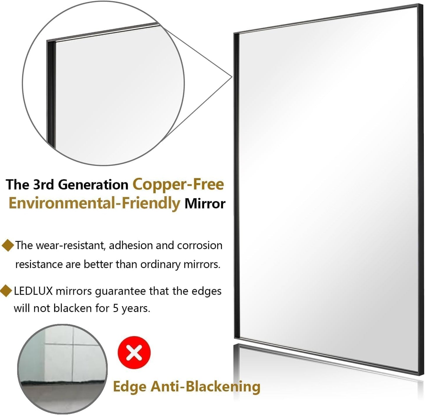 30x36 Inch Black Bathroom Mirror, Copper-Free Mirror, Aluminum Alloy Frame Vanity Rectangle Wall Mounted Modern Mirror for Bedroom/Living Room/Porch Horizontal or Vertical