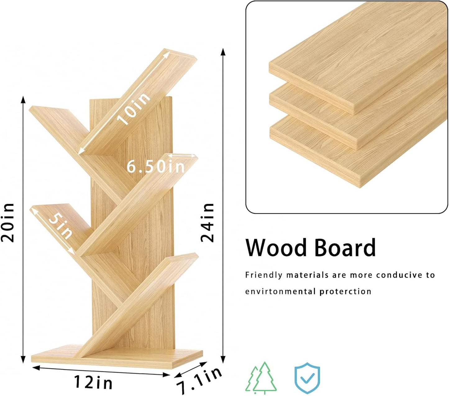 5 Tier Tree Book Shelf, Small Desktop Bookshelf with Storage Organizer, Wood Bookcase, Desk Display Bookshelves, Floor Standing Organizer Bookcases for Living Room,Bedroom,Office-Natural