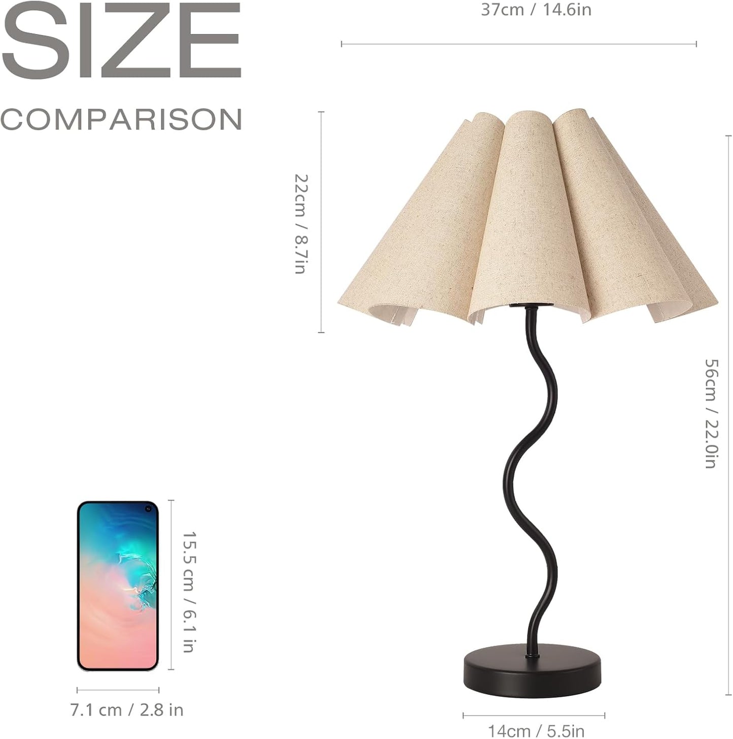 KUNJOULAM Small Table Lamp, Bedside Nightstand Lamp with Umbrella Form Fabric Lampshade Black Base, Morden Mini Desk Lamp for Bedroom Home Office Decor