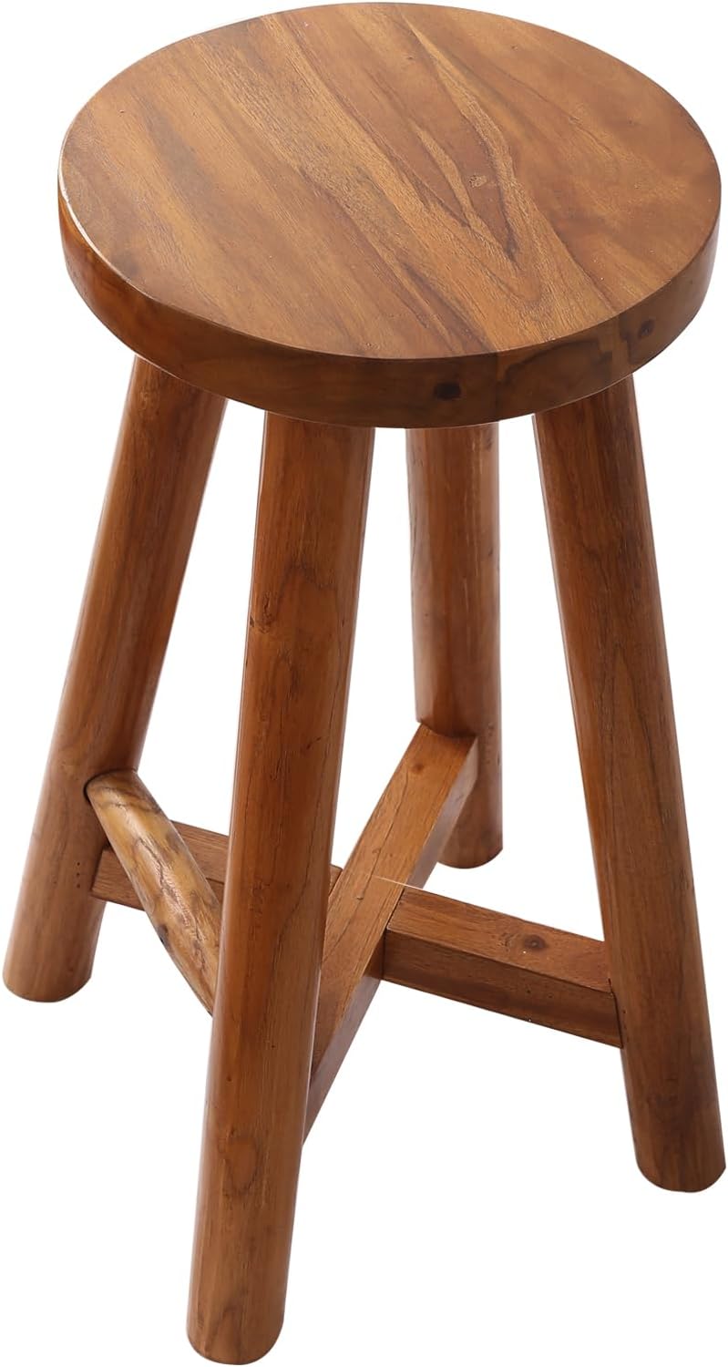 Bar Stool with Round Seat for Kitchen Island Counter, Solid Teak Wood Barstool in Espresso Finish, Home Bar Furniture, 29-Inch Height