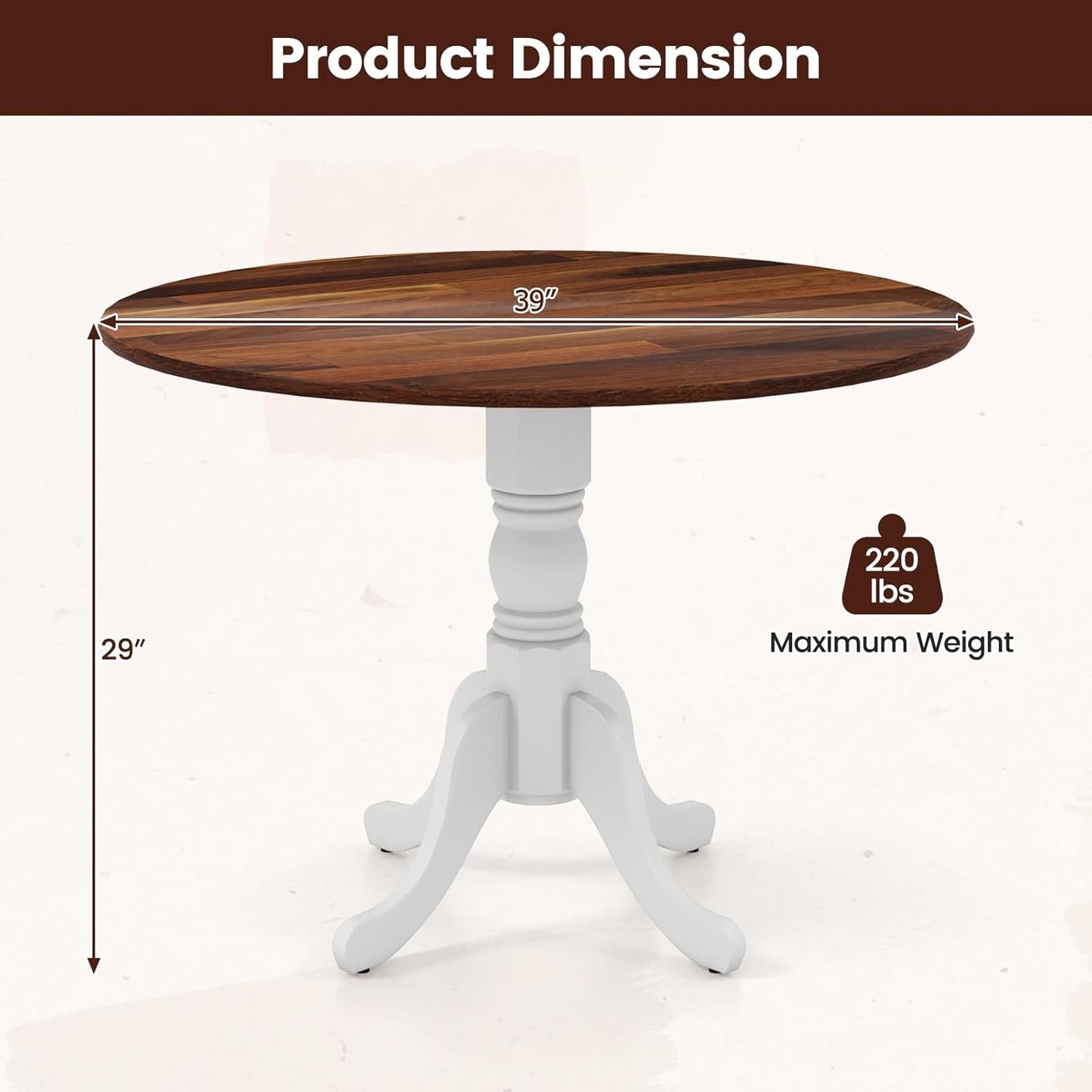 COSTWAY Round Dining Table for 4, 39 inch Kitchen Table with Solid Rubber Wood Frame, Adjustable Foot Pads, Curved Trestle Legs, Mid Century Rustic Dinning Table for Living Room (Walnut+White)