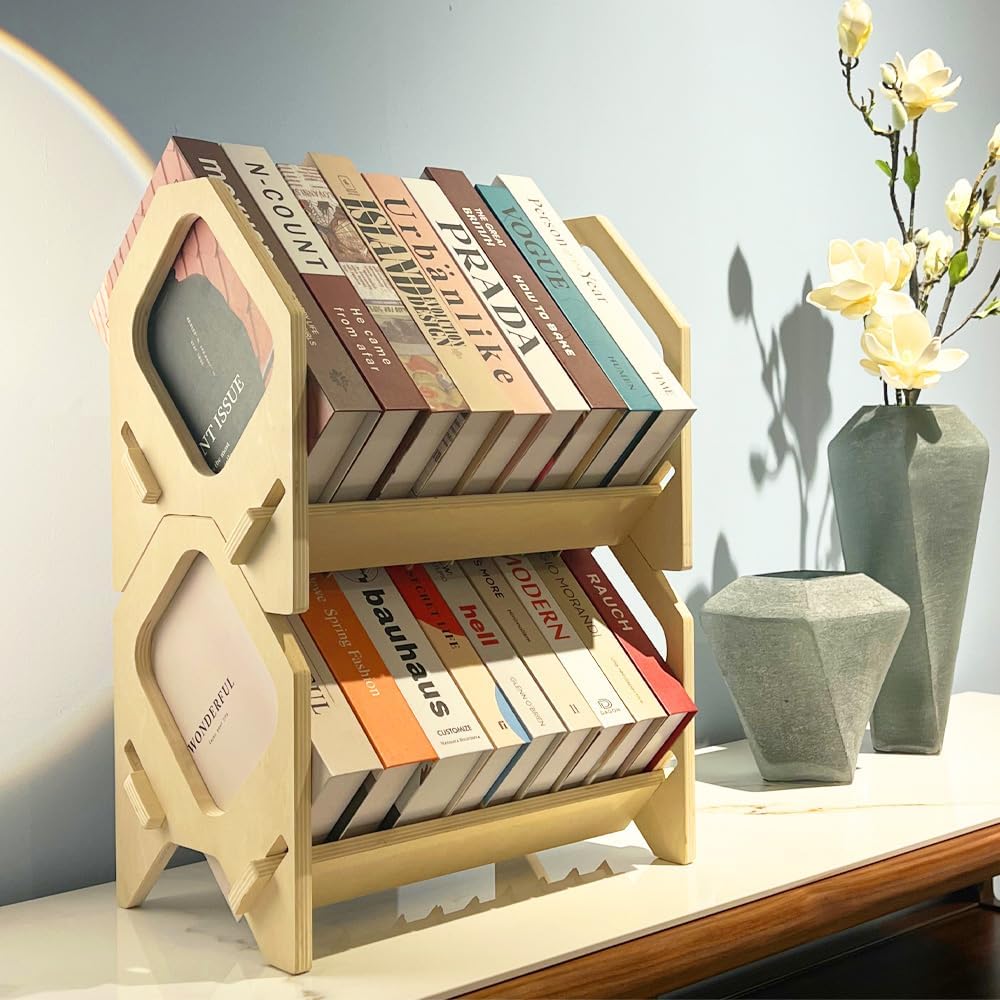 2 Pack Desktop Bookshelf, Stackable Book Organizer with Handle, Storage Rack for CD/Magazine/File Folder, Portable Small Bookshelf for Study, Living Room, Kid's Room, No Nails, Small Size