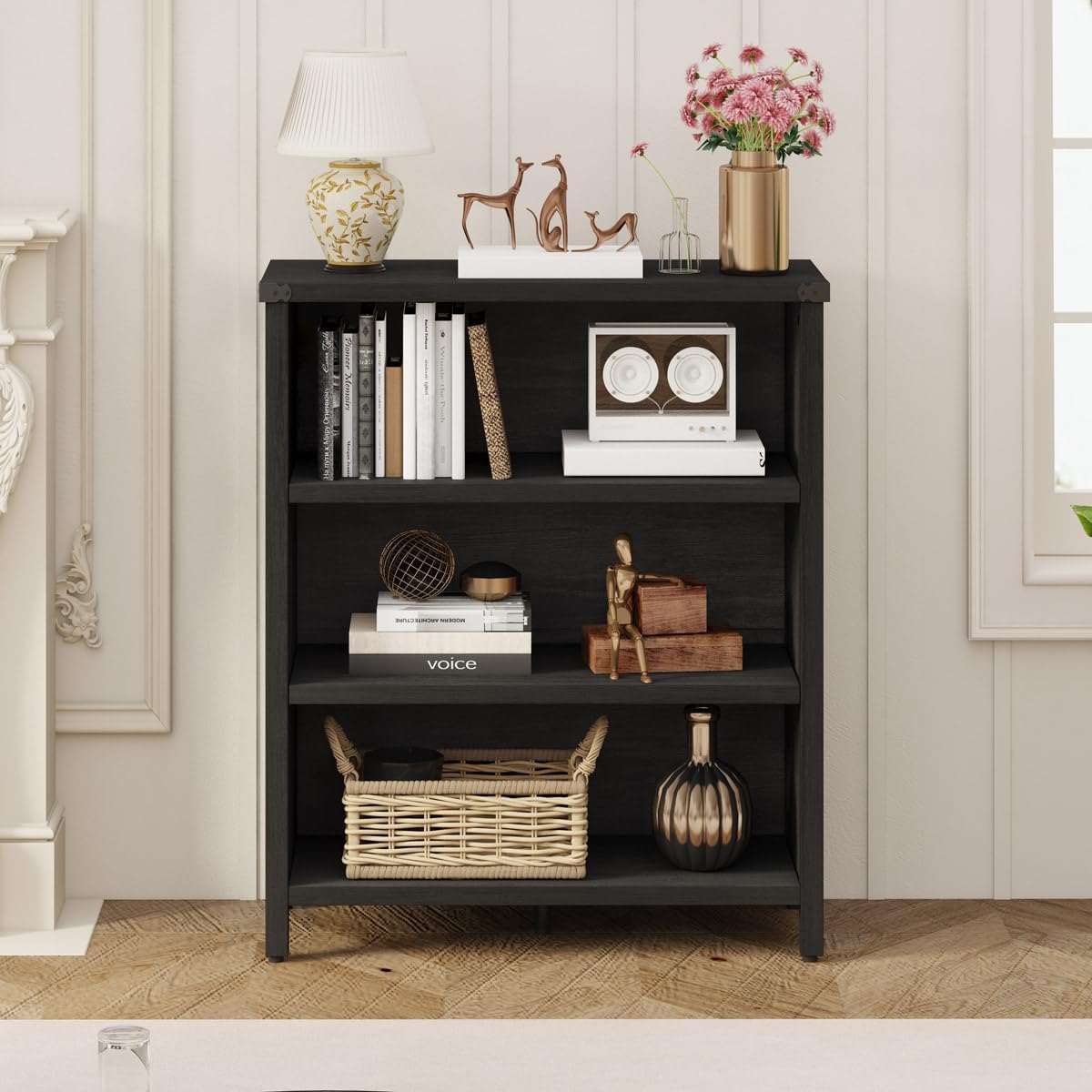 BON AUGURE Small Bookshelf, 3 Tier Black Book Shelf, Farmhouse Storage Bookcase, Short Wooden Book Cases for Small Space, Office, Bedroom, Living Room (Black Oak)