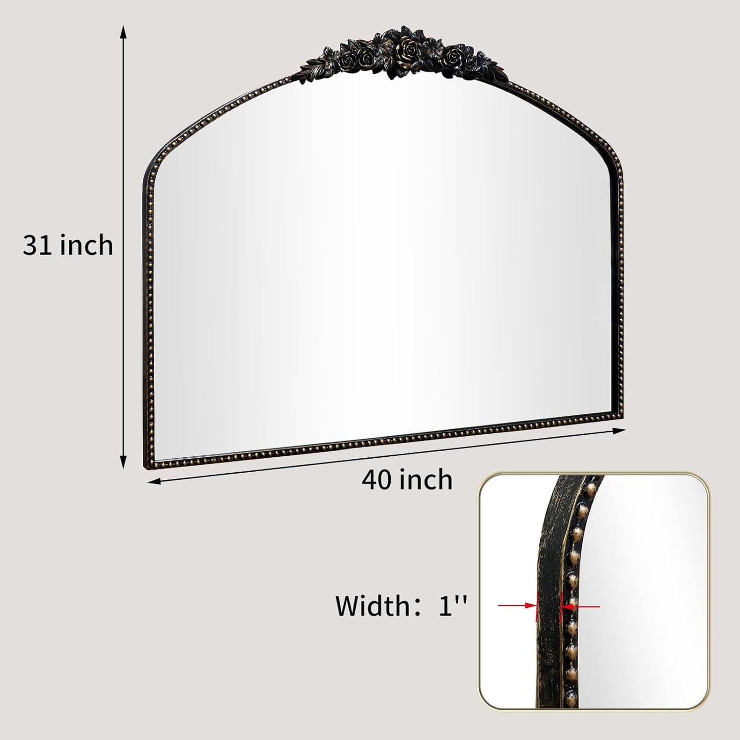 Black Brushed Gold Antique Mirror, 40"x31", Traditional Vintage Mirror with Ornate Metal Frame, Baroque Style for Fireplace, Entryway, Bathroom, Living Room, Hallway