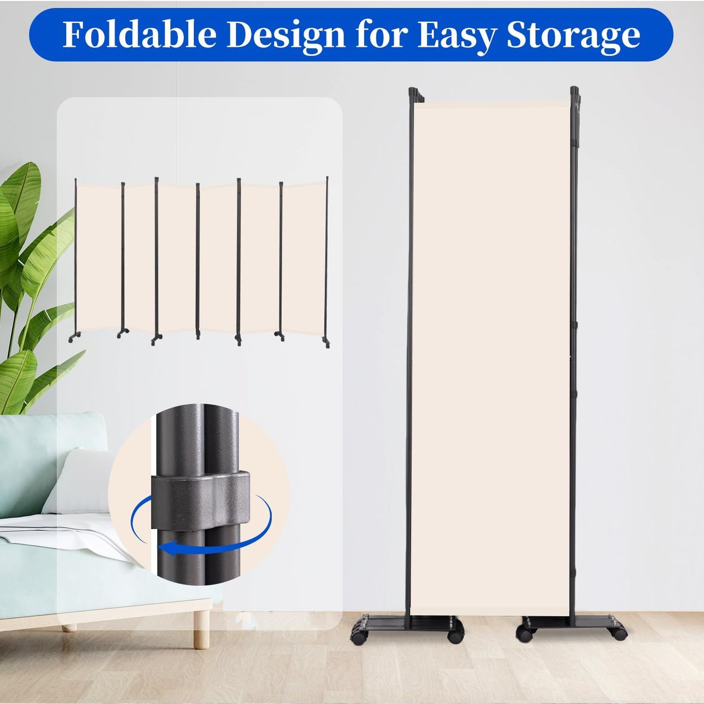 Room Divider 6FT Room Partition with Lockable Wheels, 6 Panel (Thicked Metal Base) Room Dividers, Freestanding Indoor Folding Privacy Screens, Portable Fabric Wall Divider for Room Separation, Beige