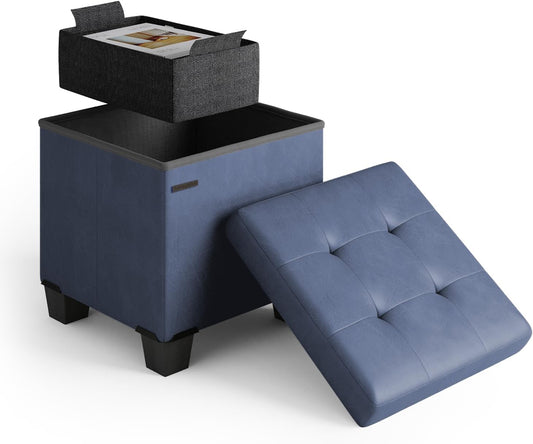 STORAGEBUD Storage Ottoman Cube with Small Bin, 16-in Square Ottoman with Storage for Living Room and Bedroom, Small Ottomans Foot Rest, Faux Leather Foot Stools Ottomans Max 330lbs, Blue