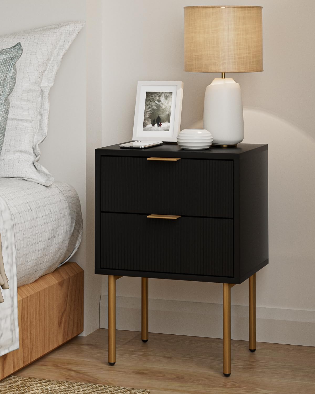 Nightstand,Morden Bedside Table with Gold Frame,Small White Night Stand,End Table,Bedside Furniture,Side Table with Drawer and Shelf for Bedroom,Living Room (2Drawers, Black)