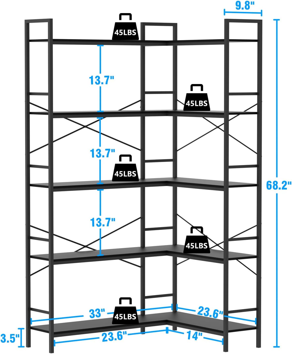 Black Corner Bookshelf,5 Tiers Corner Bookcase with Open Storage,L Shaped Shelves for Home Office,Living Room,Bedroom