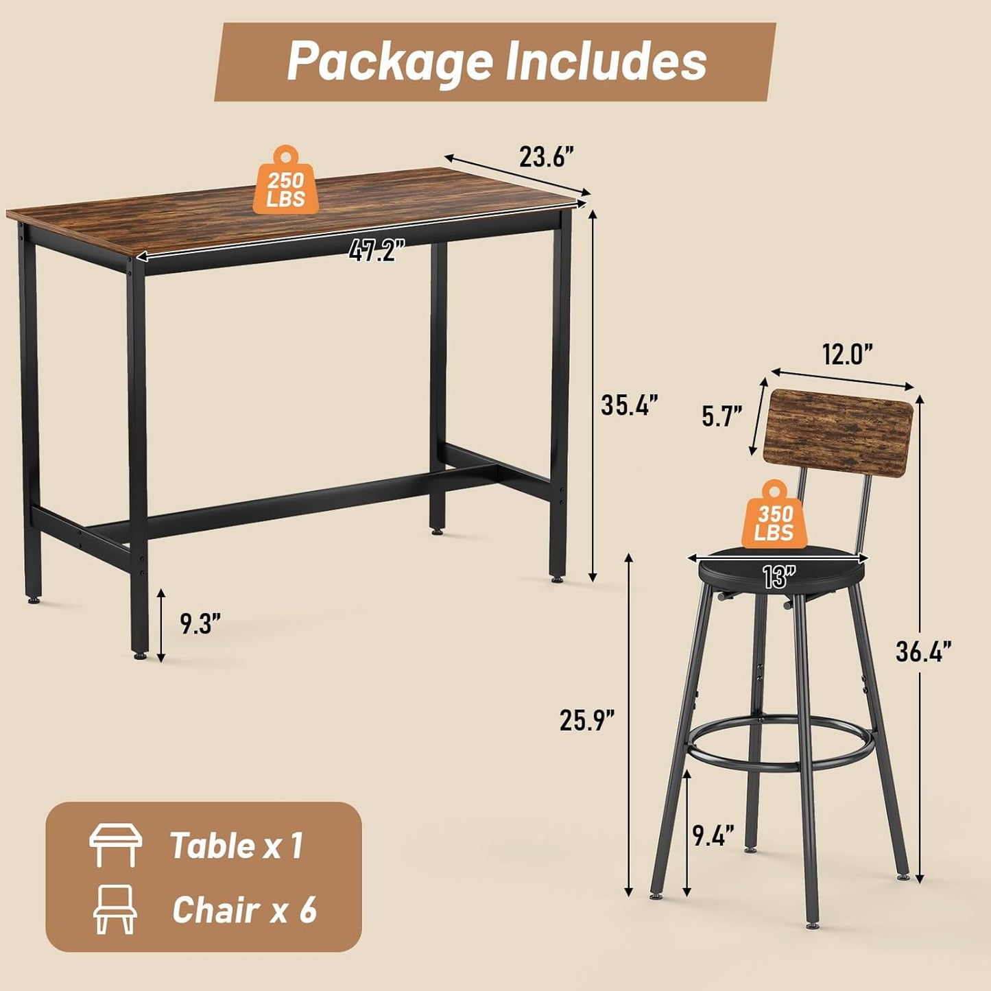 Dining Table Set for 6, 7-Piece Bar Table Set, Kitchen Table and Chairs, Counter Height High Top Table with 6 PU Upholstered Stools, Space-Saving Pub Tables Set for Small Space, Brown