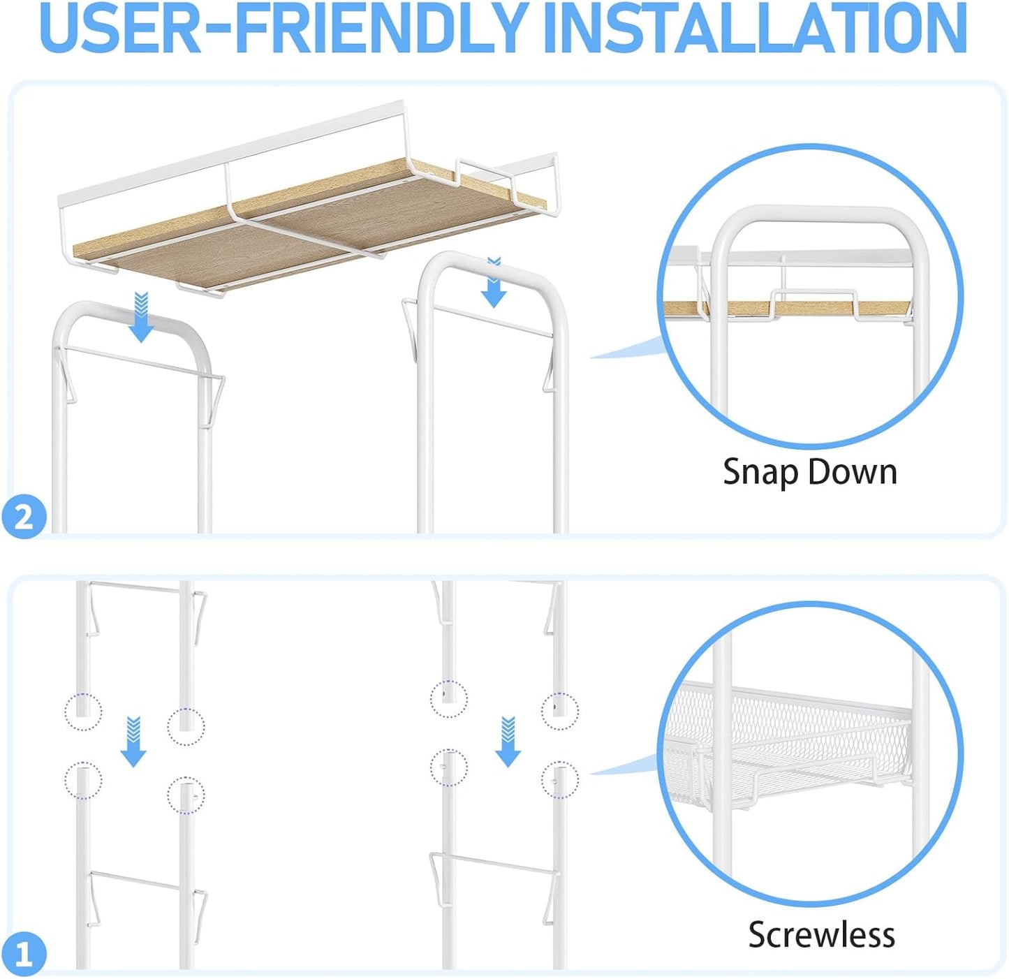 KINGRACK Metal Wide Rolling Cart, 4-Tier Metal Utility Cart, Storage Cart with Wooden Tabletop, for Laundry Bathroom Kitchen Room Bedroom Apartments Dormitory (Pure White, Wide)