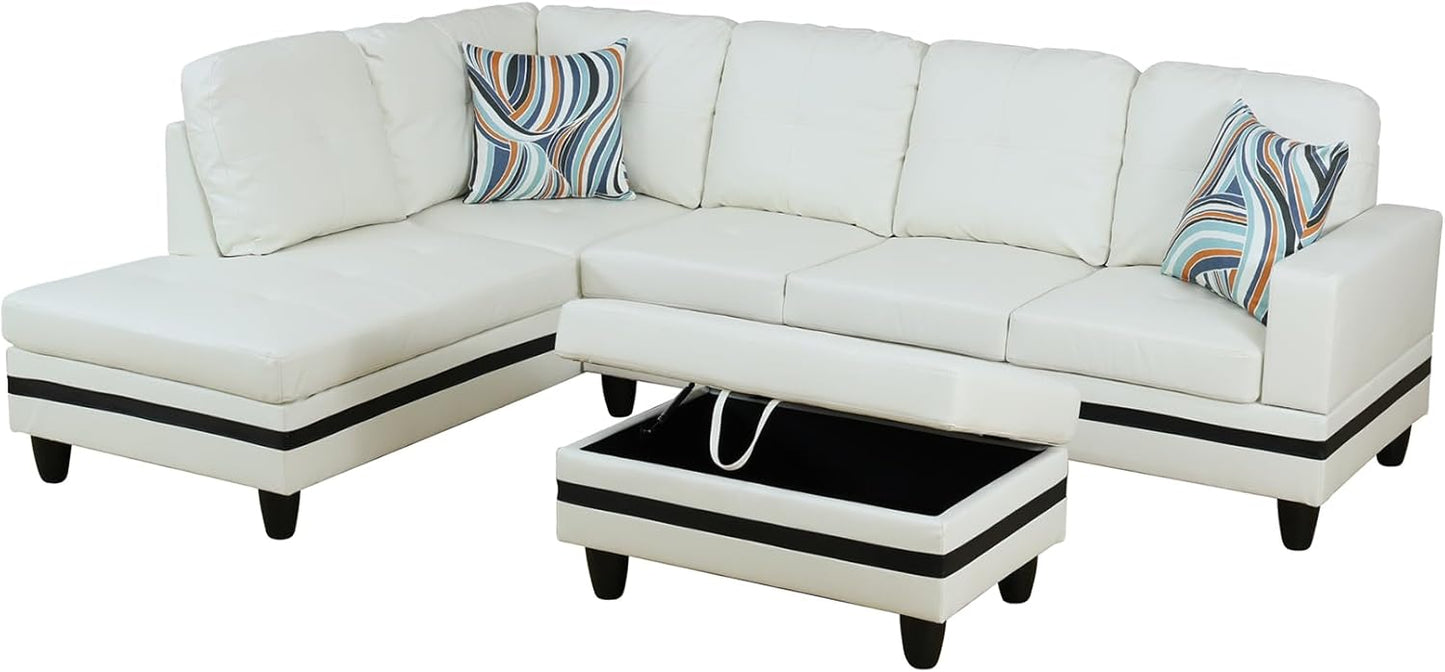 L Shaped Couch PU Leather Sectional Couch Upholstered 3 Pieces Sofas for Living Room with Chaise, Storage Ottoman for Office and Small Apartment, Black and White