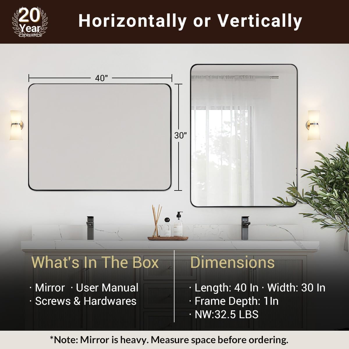 ANDY STAR Wall Mirror for Bathroom, 30"x40" Black Bathroom Mirror, Modern Rounded Rectangle Metal Frame Mirror for Vanity, Matte Stainless Steel