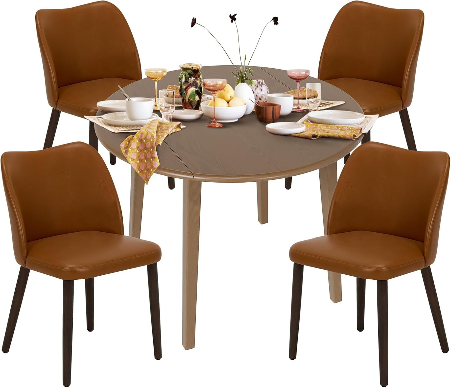 COLAMY 5-Piece Extendable Dining Table Set for 4, 36" Kitchen Round Wood Table with 4 Wooden Dining Room Chairs,Light Brown/Light Brown